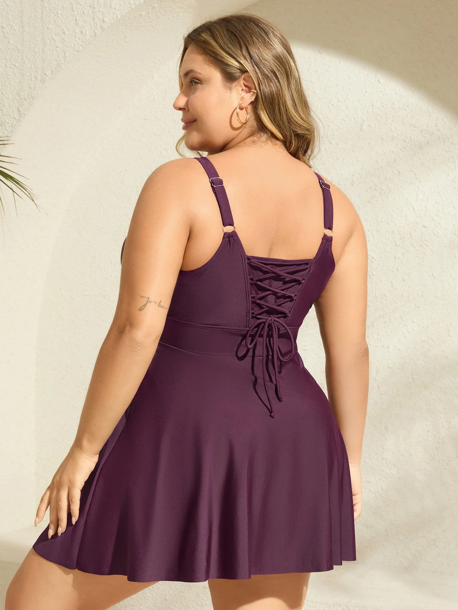 Adjustable Back Ties Pleated Swim Dress sold by Bloomchic