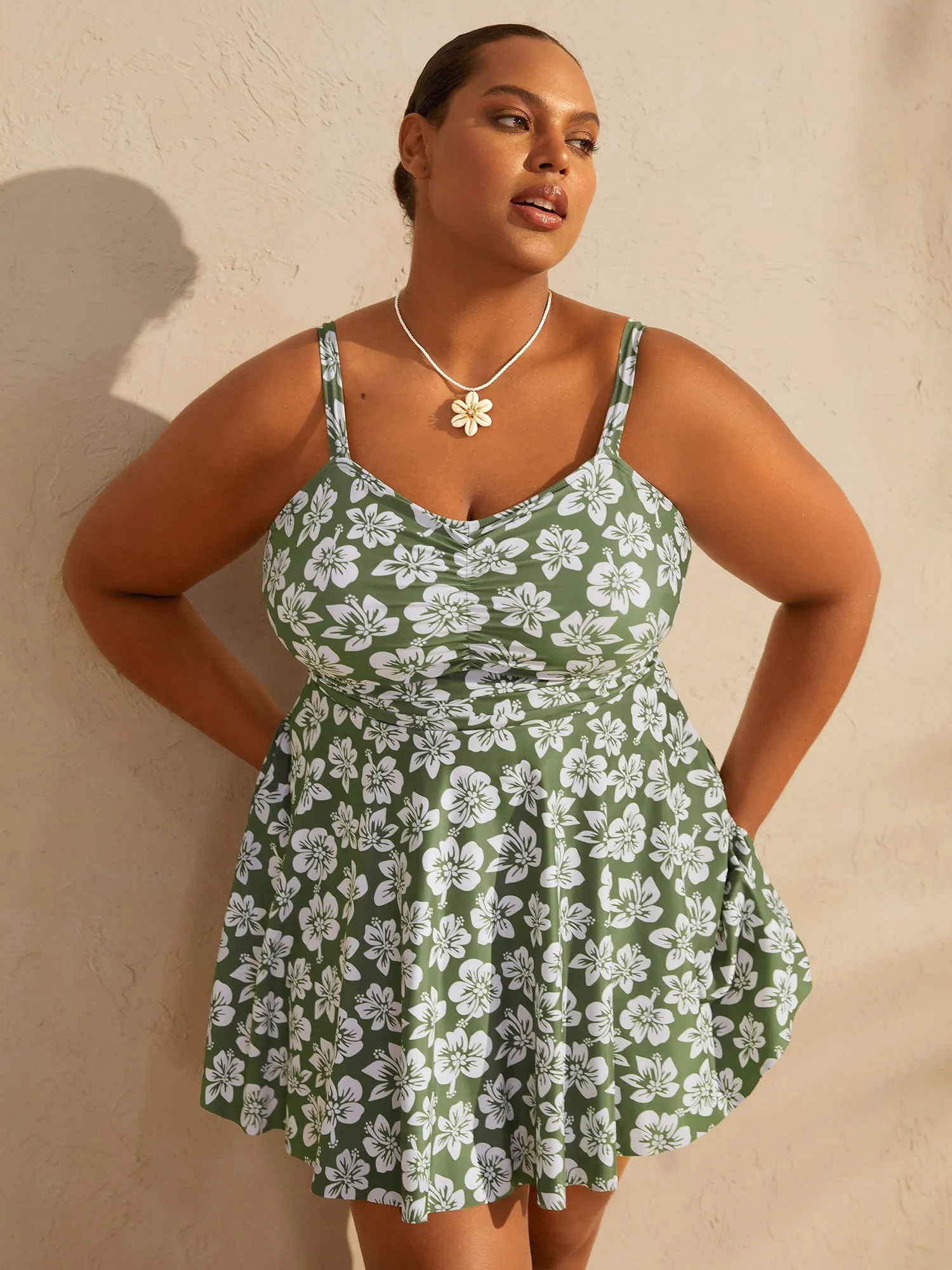 Serene Floral Pattern Pleated Swim Dress sold by Bloomchic