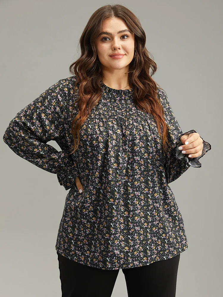 Ditsy Floral Stand Collar Pleated Blouse sold by Bloomchic