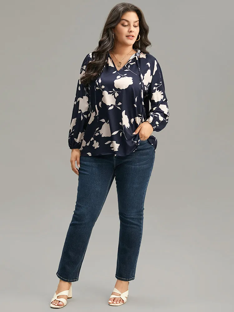 Silhouette Floral Print Stand Collar Tie Neck Blouse sold by Bloomchic product image thumbnail 4