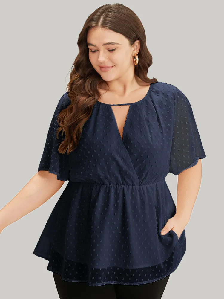 Polka Dot Keyhole Mesh Gathered Flutter Sleeve Blouse sold by Bloomchic