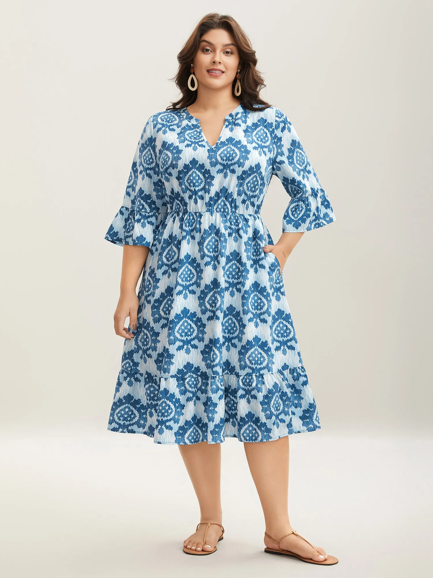 Damask Pattern Ruffle Sleeve Midi Dress sold by Bloomchic