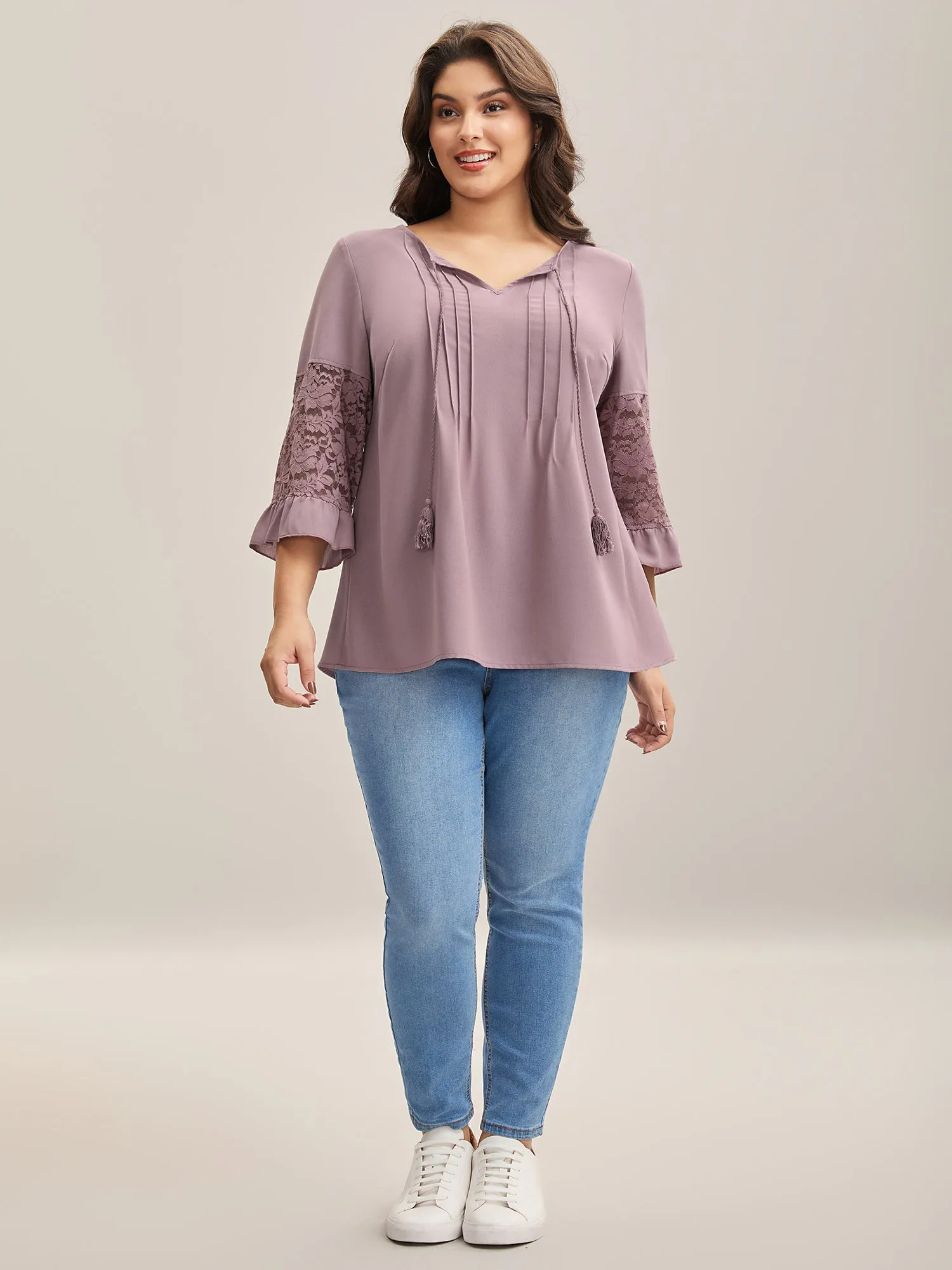 Toothpick Pleats Lace Neck Tie Blouse sold by Bloomchic product image thumbnail 3