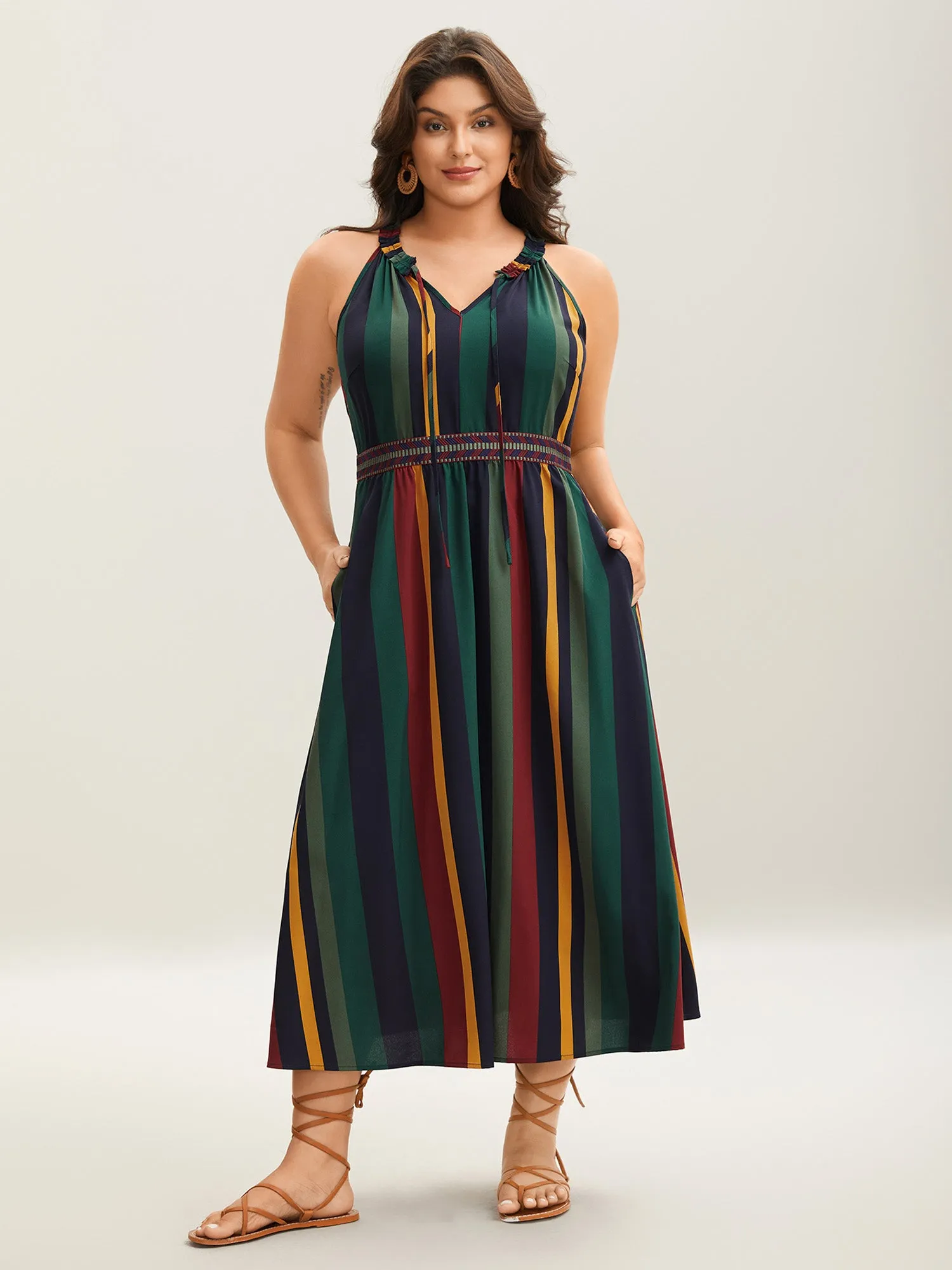 Multi-Color Stripes Waist-Defining Midi Dress sold by Bloomchic product image thumbnail 3