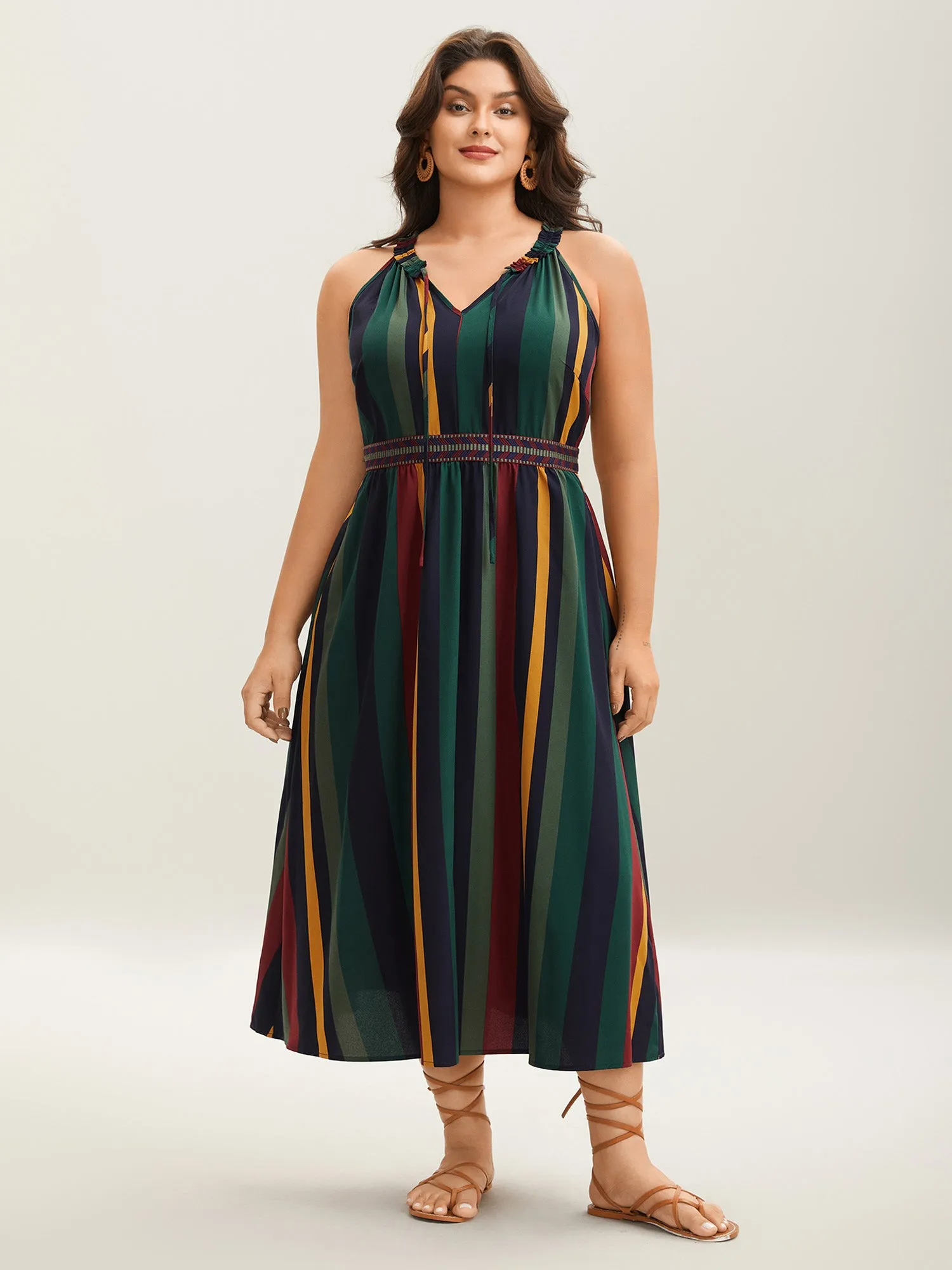 Multi-Color Stripes Waist-Defining Midi Dress sold by Bloomchic