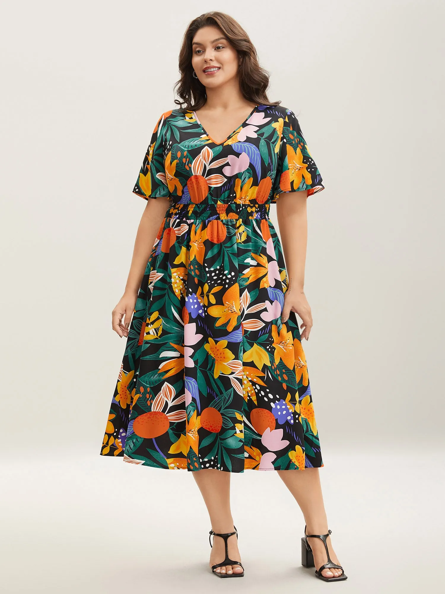 Tropical Floral Print Shirred Pockets Midi Dress sold by Bloomchic