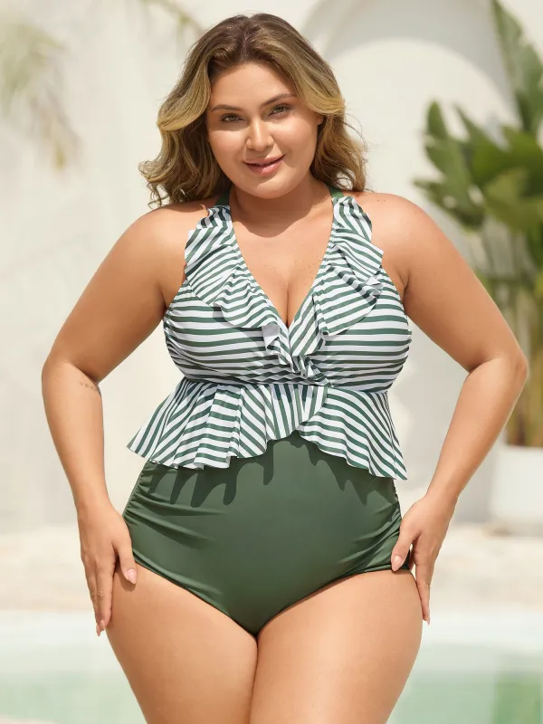 Striped Spliced Ruffled One-Piece Swimsuit sold by Bloomchic
