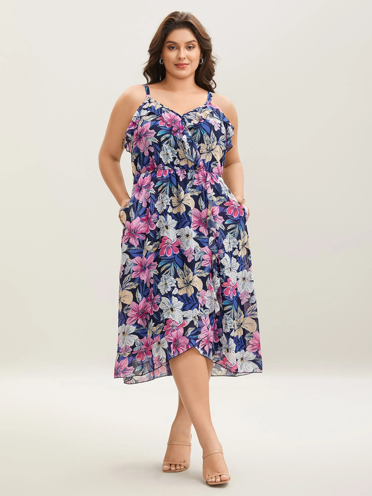 Large Flower Print Overlap Hem Midi Dress sold by Bloomchic