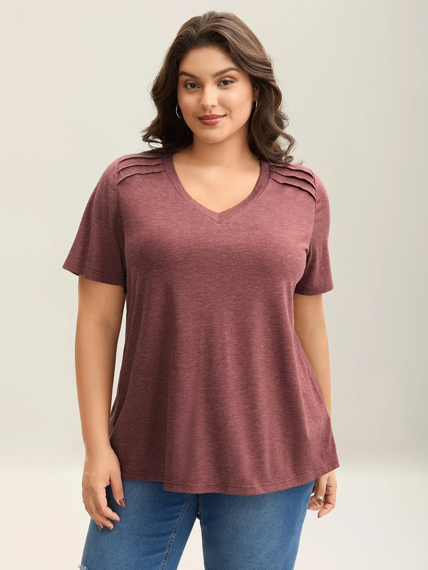 Plicated Detail Shoulder Plain T-Shirt sold by Bloomchic