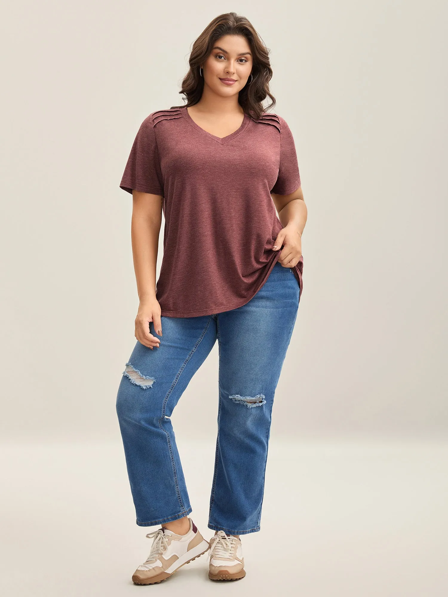 Plicated Detail Shoulder Plain T-Shirt sold by Bloomchic product image thumbnail 3