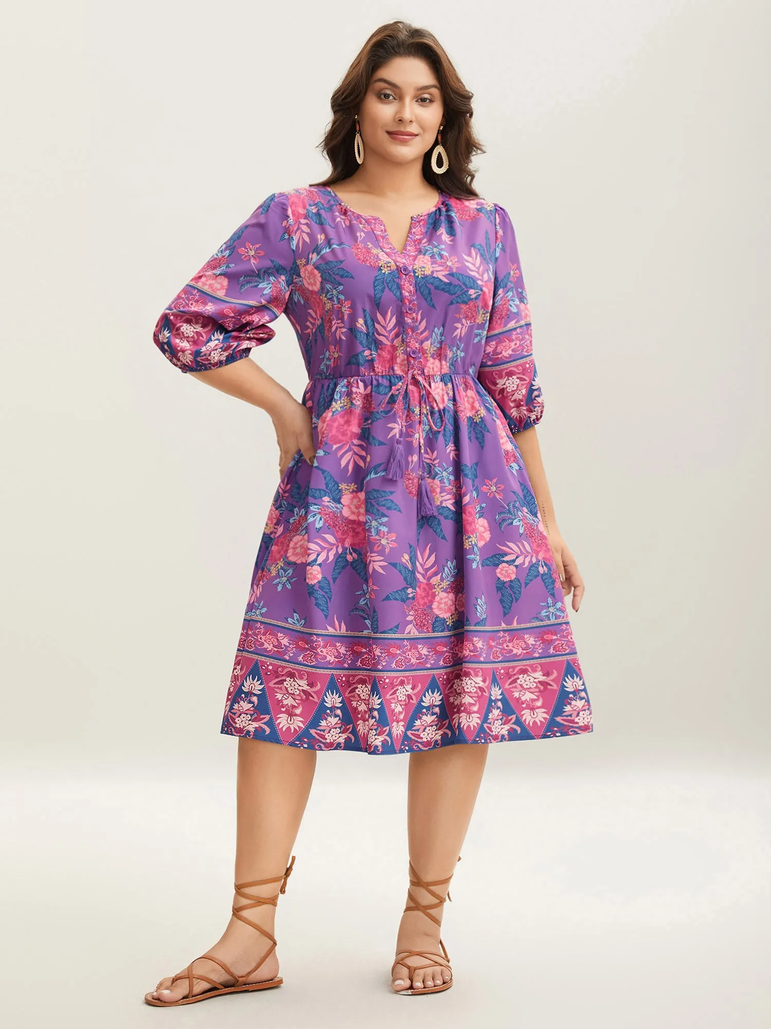 Large Flower Print Split Neck Midi Dress sold by Bloomchic