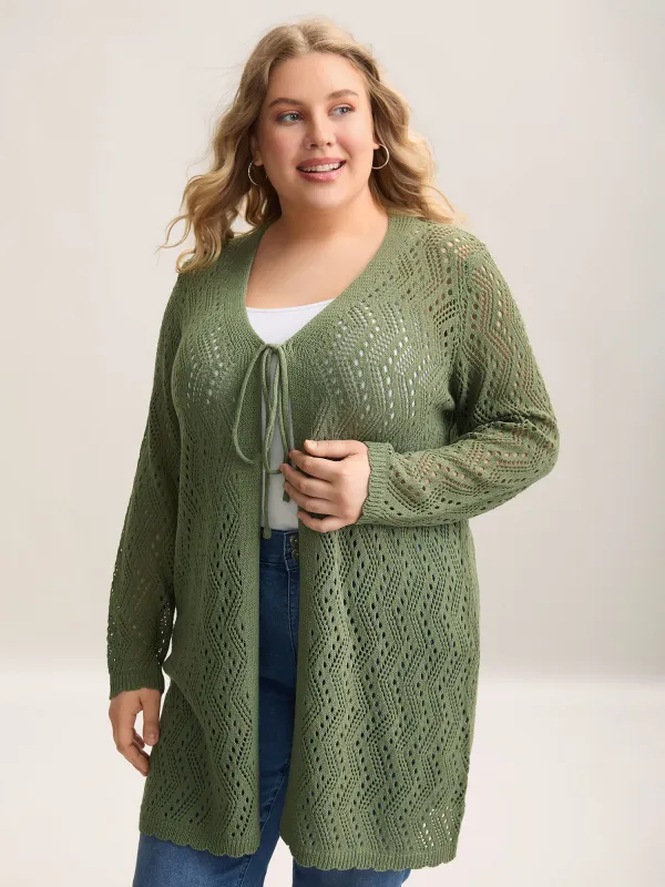 Eyelet Trim Front Mid Tie Knit Cardigan sold by Bloomchic