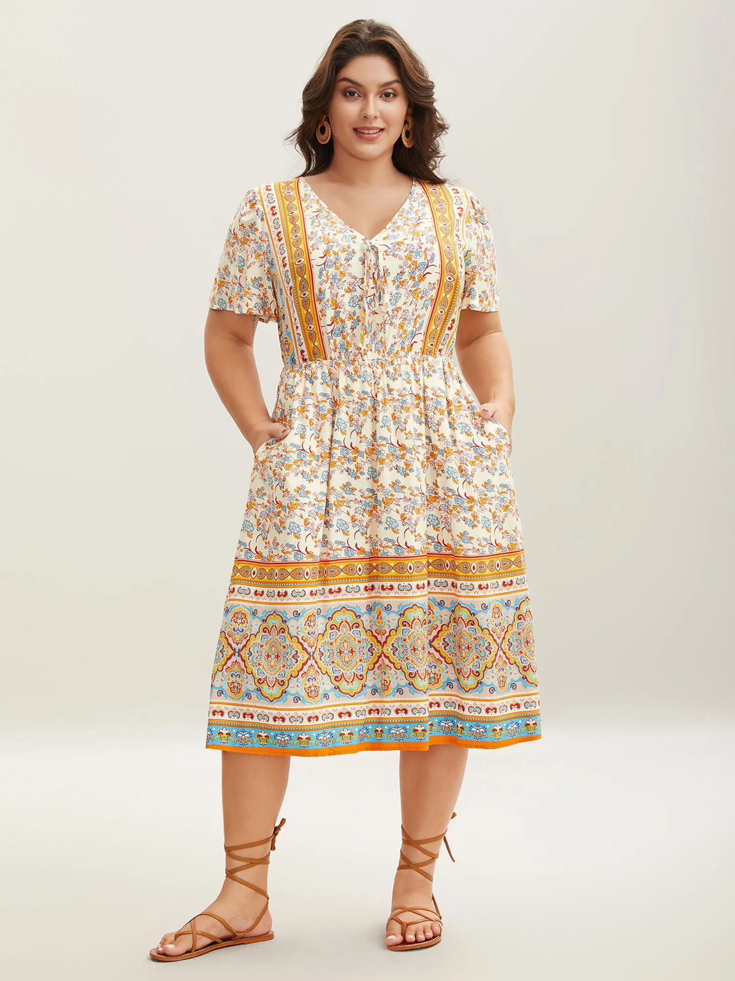 Boho Print Adjustable Neck Ties Midi Dress sold by Bloomchic product image thumbnail 3