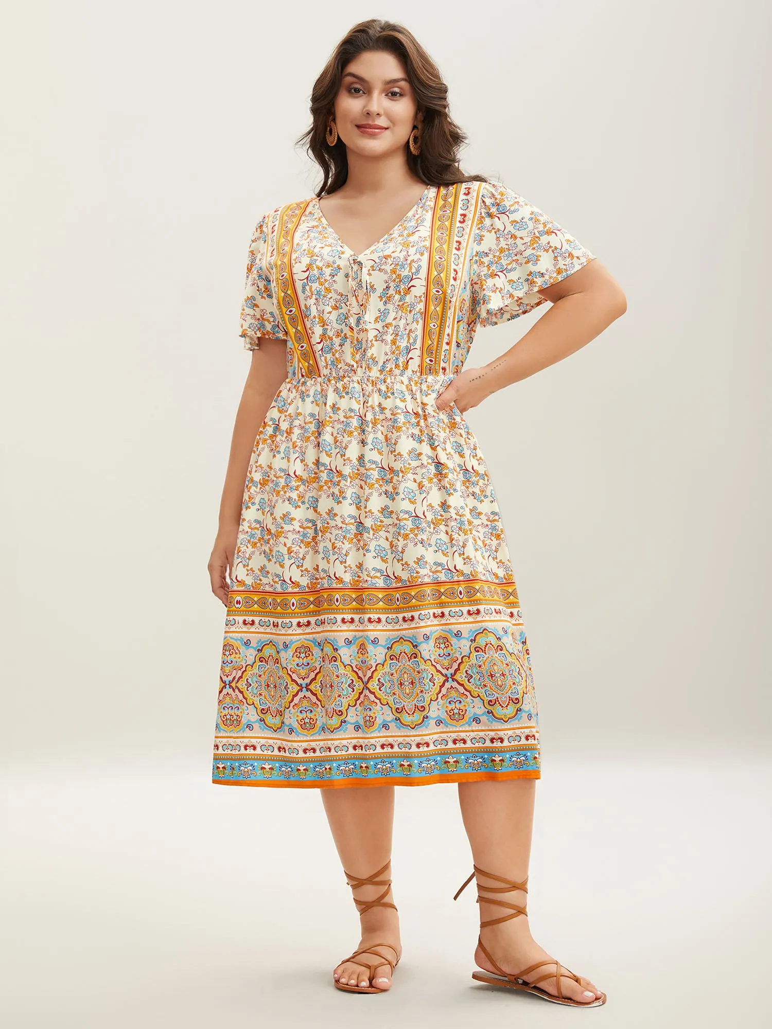 Boho Print Adjustable Neck Ties Midi Dress sold by Bloomchic