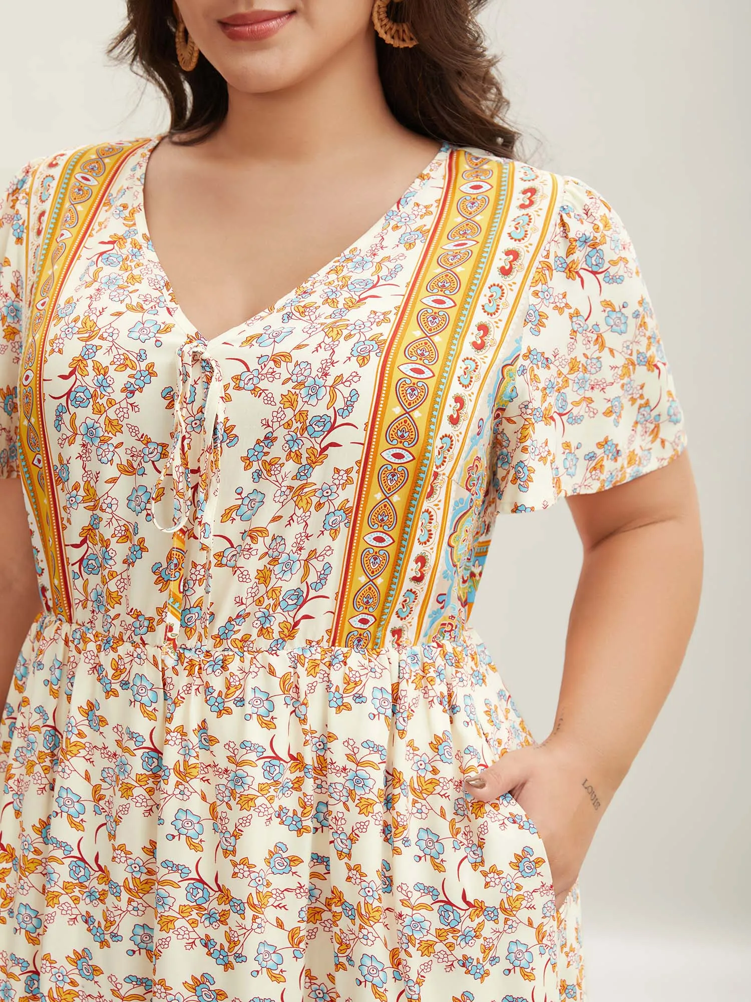 Boho Print Adjustable Neck Ties Midi Dress sold by Bloomchic product image thumbnail 2