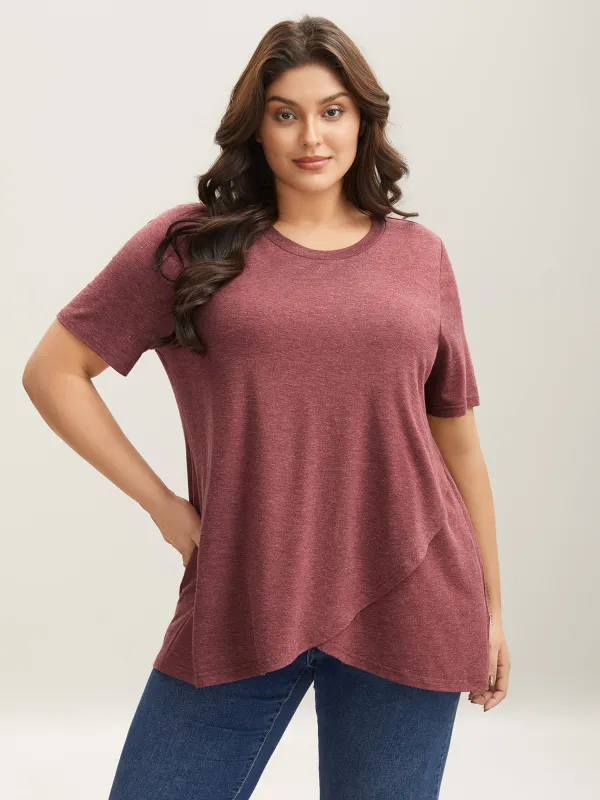 Heather Stretchy Overlap Hem Plain T-Shirt sold by Bloomchic
