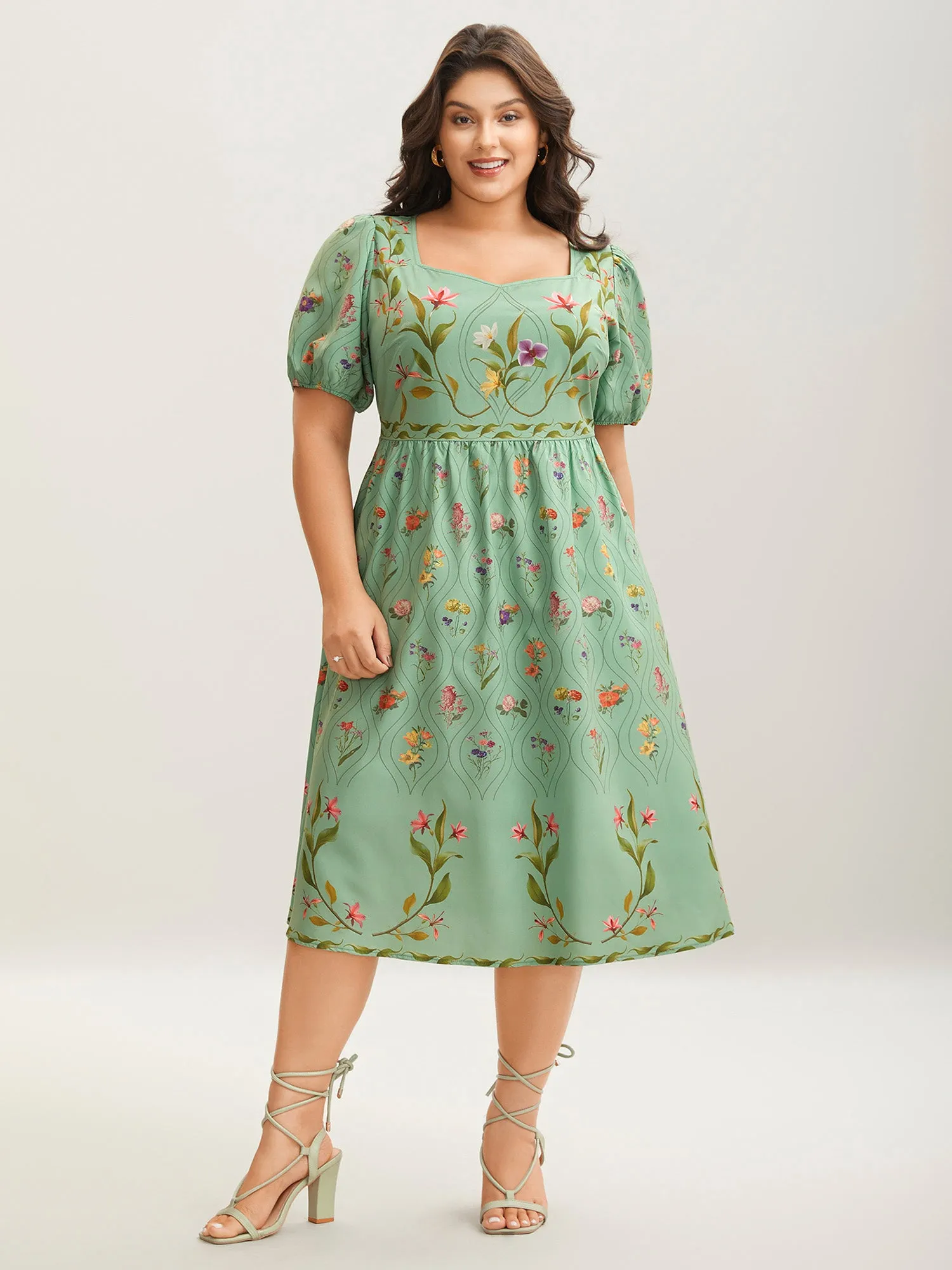 Garden Print Pockets Puff Sleeve Midi Dress sold by Bloomchic