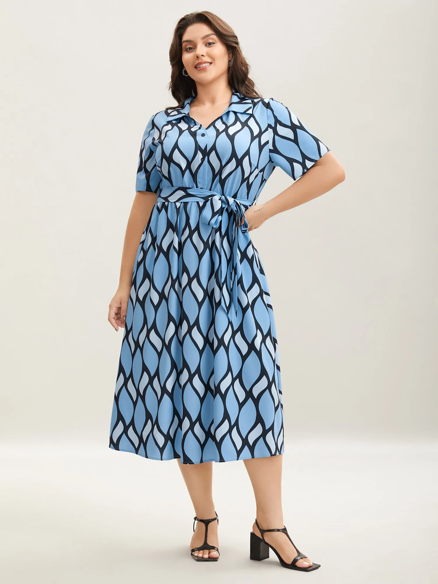 Geometric Pattern Stretchy Waist Belted Midi Dress sold by Bloomchic