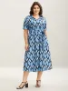Geometric Pattern Stretchy Waist Belted Midi Dress sold by Bloomchic
