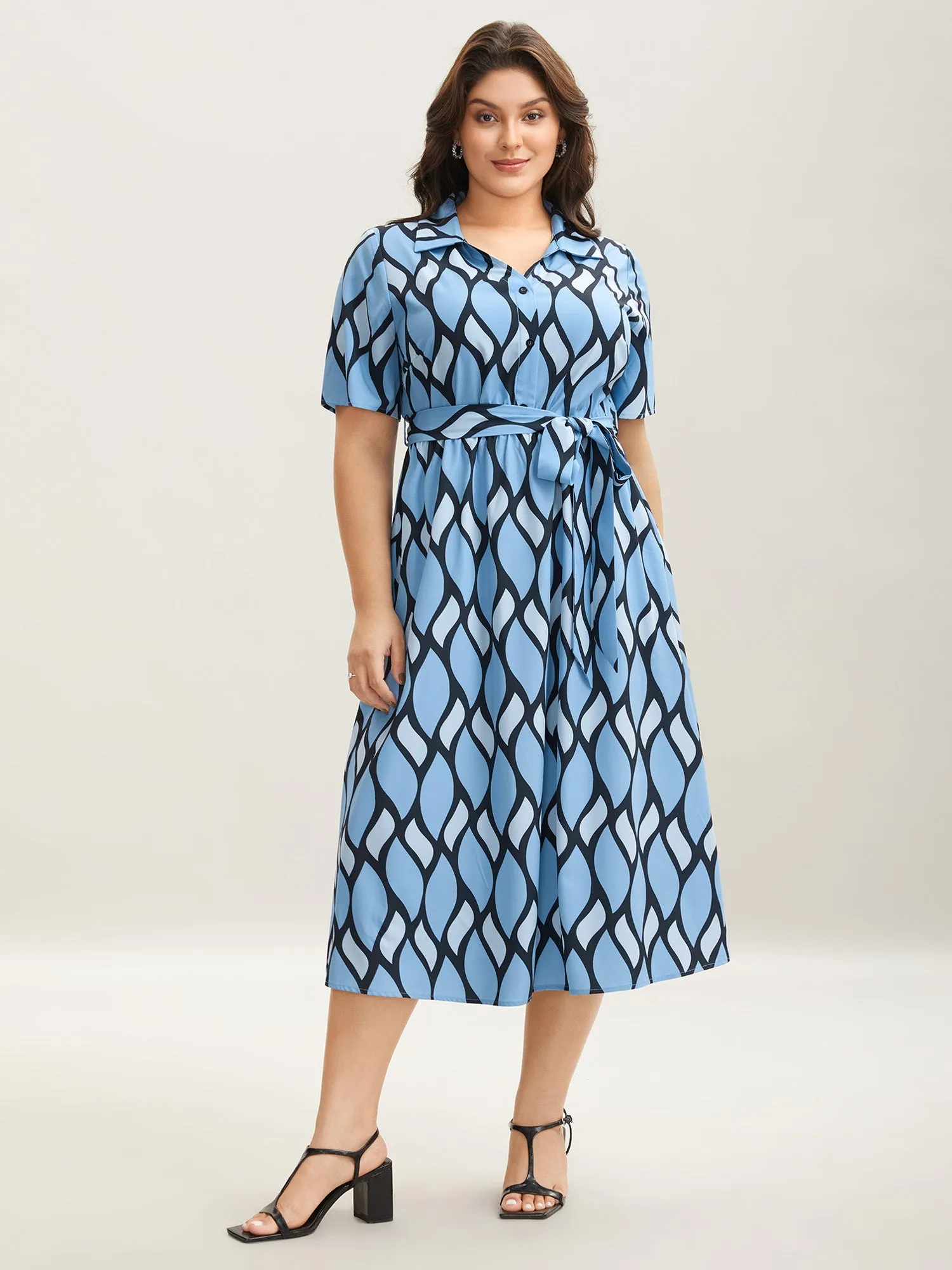 Geometric Pattern Stretchy Waist Belted Midi Dress sold by Bloomchic product image thumbnail 3