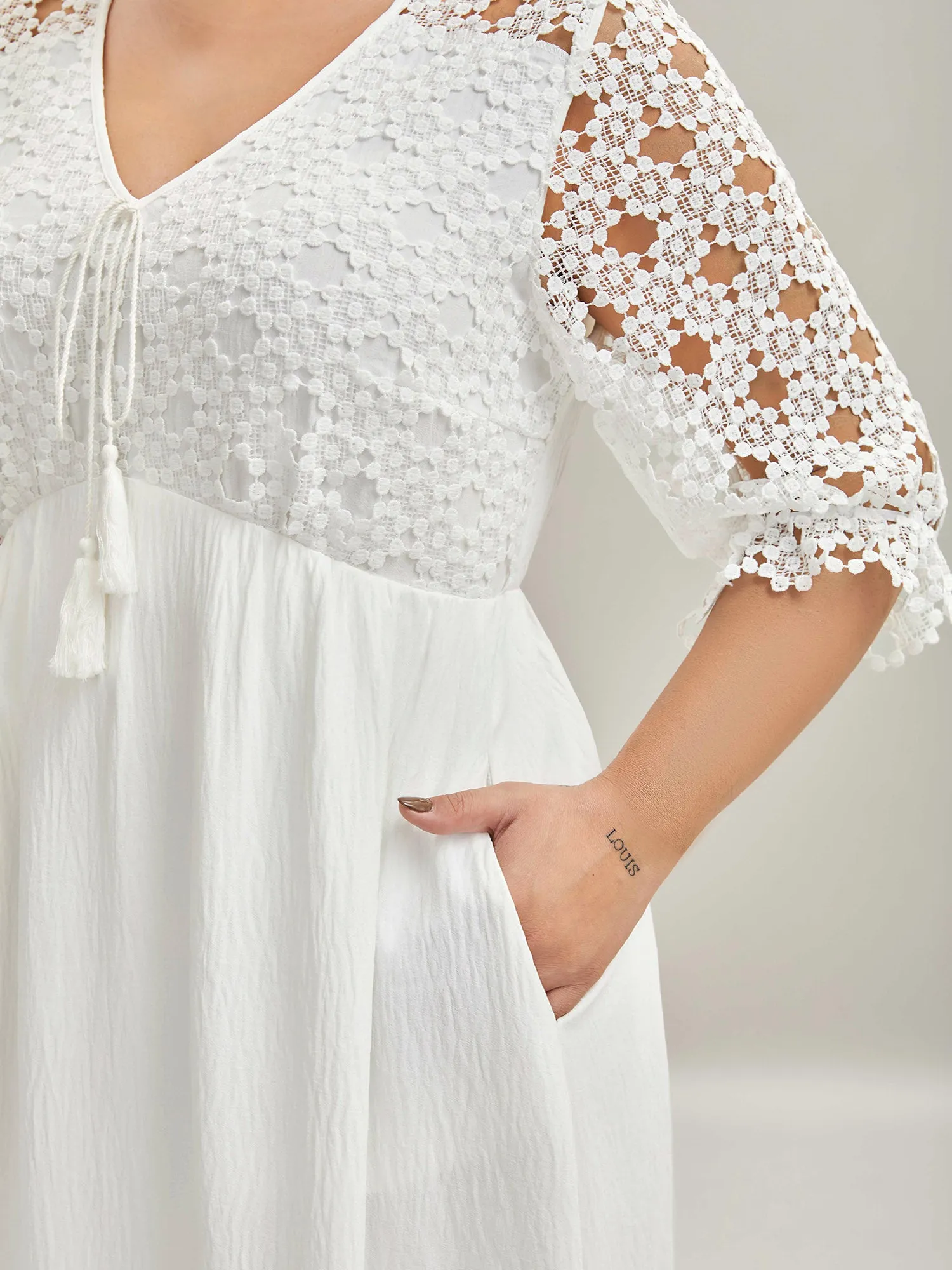 Sheer Lace Sleeve Pockets Flowy Midi Dress sold by Bloomchic product image thumbnail 2