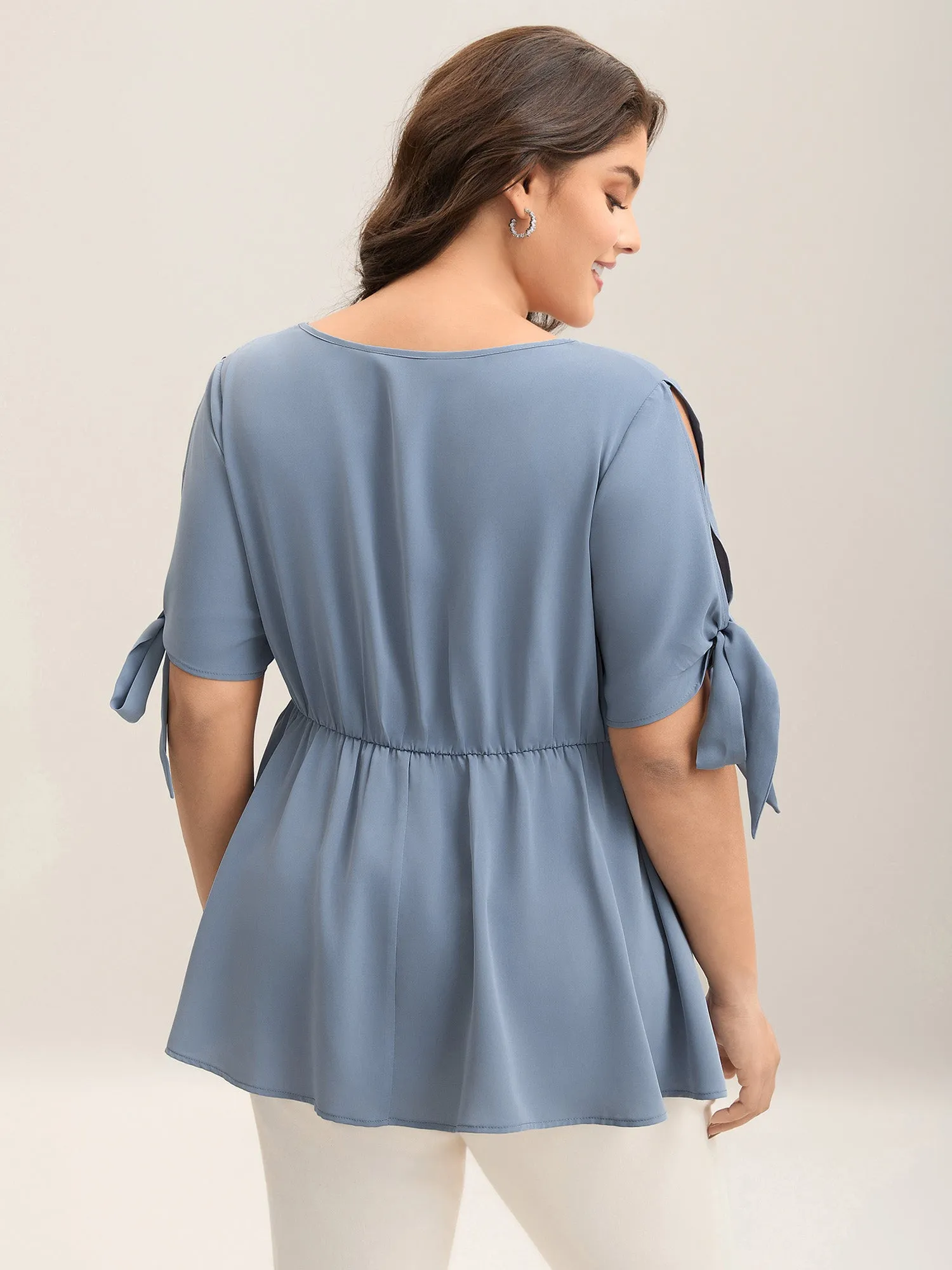 Knotted Sleeve Pearl Detail Keyhole Blouse sold by Bloomchic product image thumbnail 4