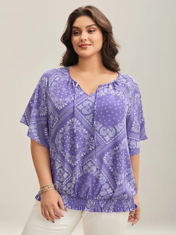 Cube Floral Pattern Shirred Hem Blouse sold by Bloomchic