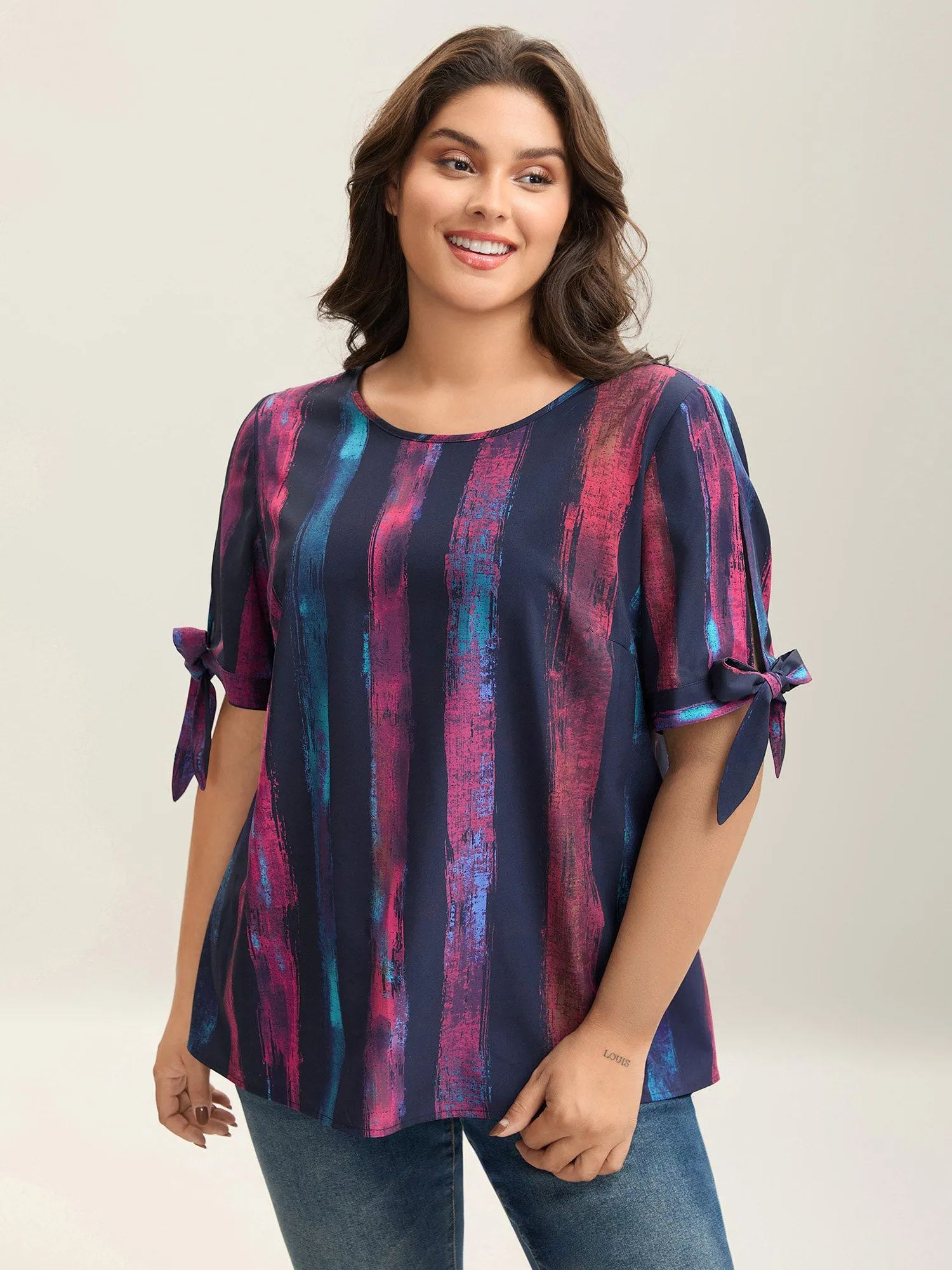 Irregular Stripes Sleeve Tie Blouse sold by Bloomchic