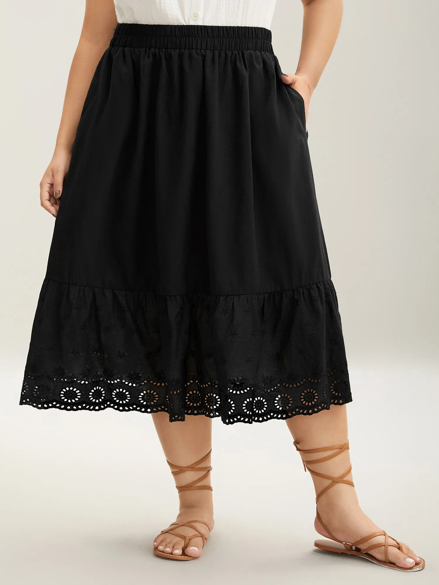 Cotton Embroidered Lace Tiered Hem Skirt sold by Bloomchic