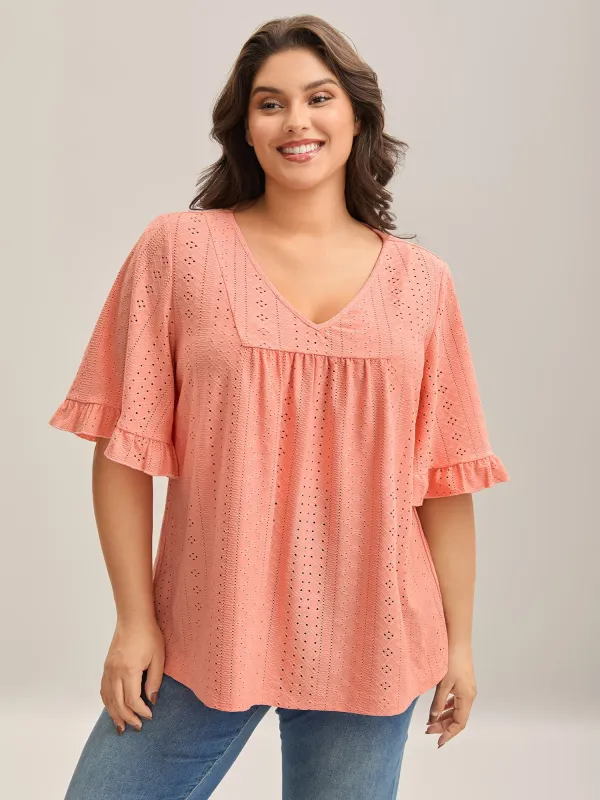 Eyelet Trim Ruffled Sleeve Knit Top sold by Bloomchic