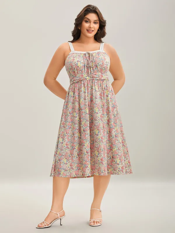 Lace Neck Pleated Waist Pockets Midi Dress sold by Bloomchic