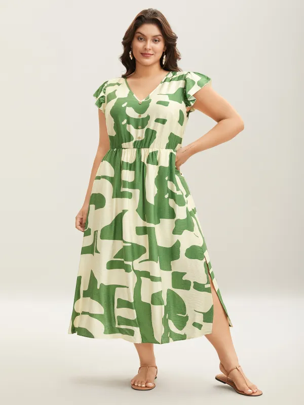 Geometric Print Cinched-Waist Button Midi Dress sold by Bloomchic