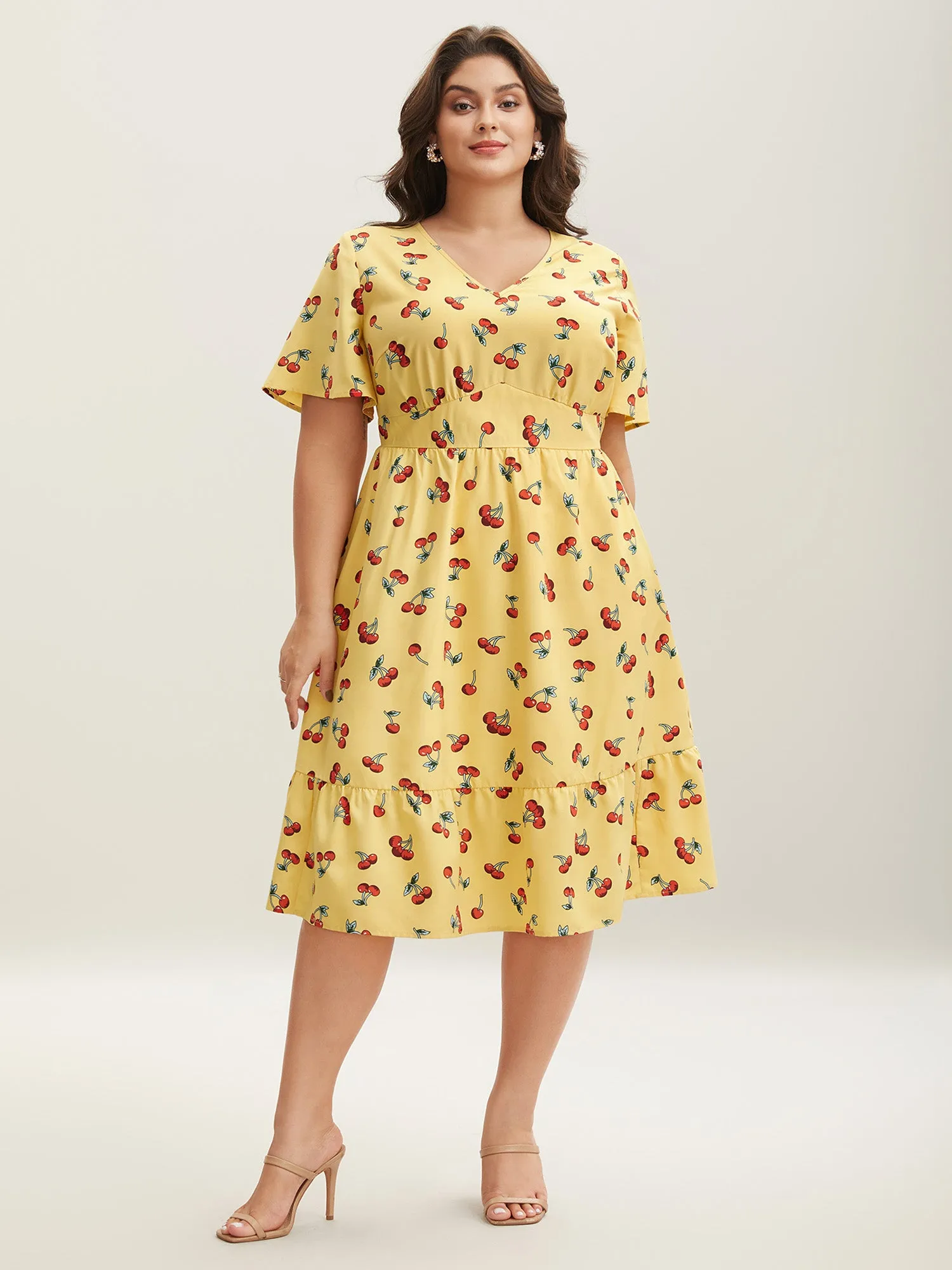 Cherry Print Stretchy Cinched-Waist Midi Dress sold by Bloomchic product image thumbnail 3