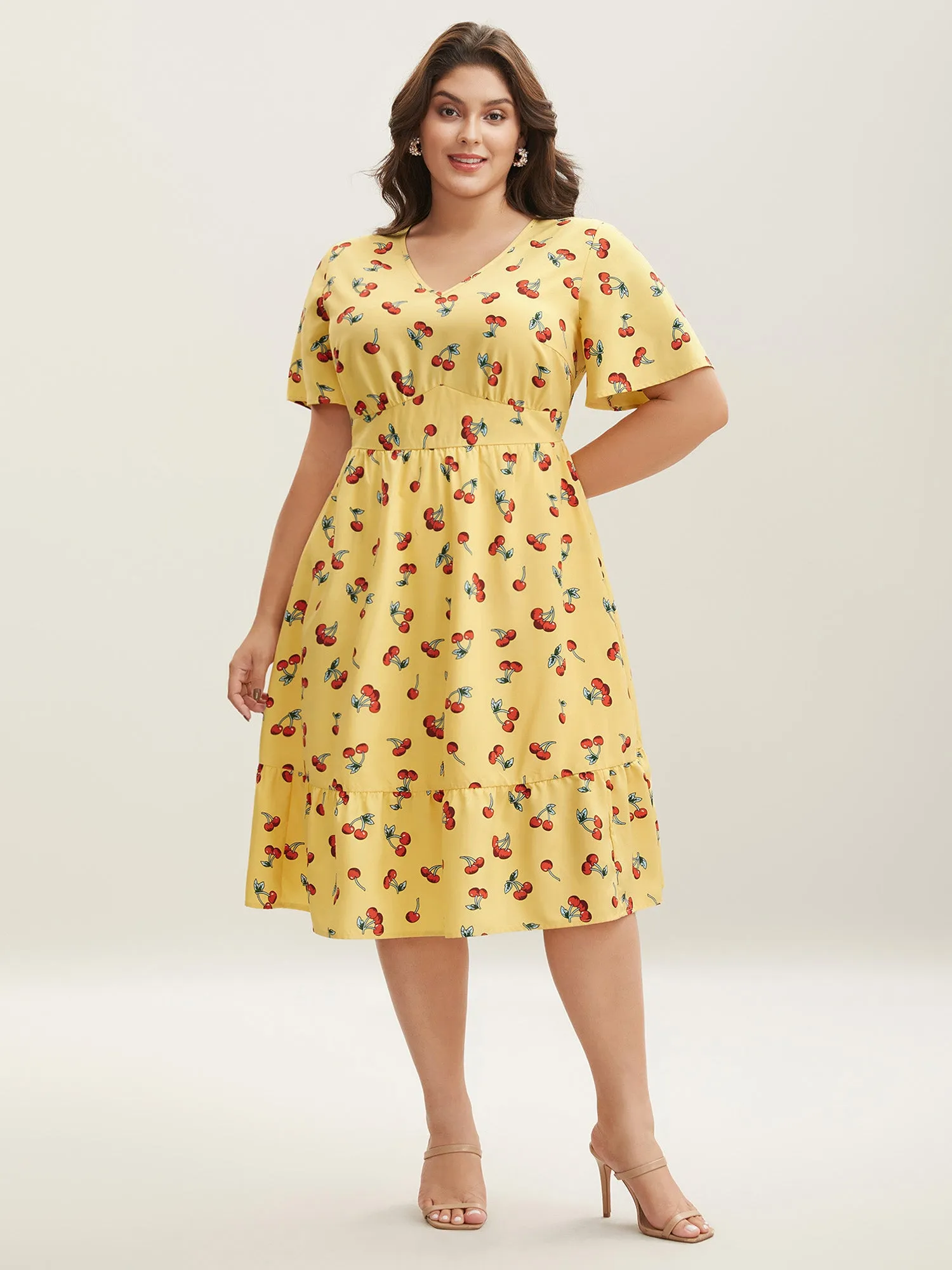 Cherry Print Stretchy Cinched-Waist Midi Dress sold by Bloomchic