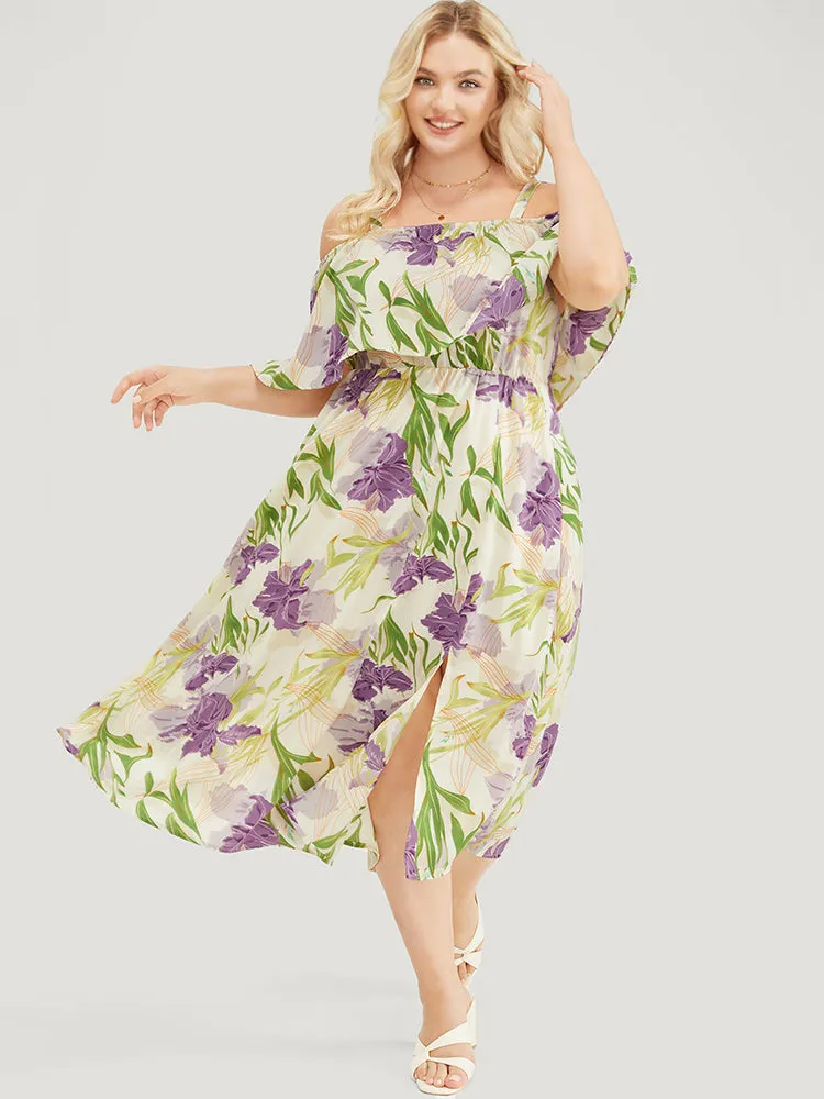 Floral Cold Shoulder Ruffle Trim Adjustable Straps Pocket Split Dress sold by Bloomchic product image thumbnail 3