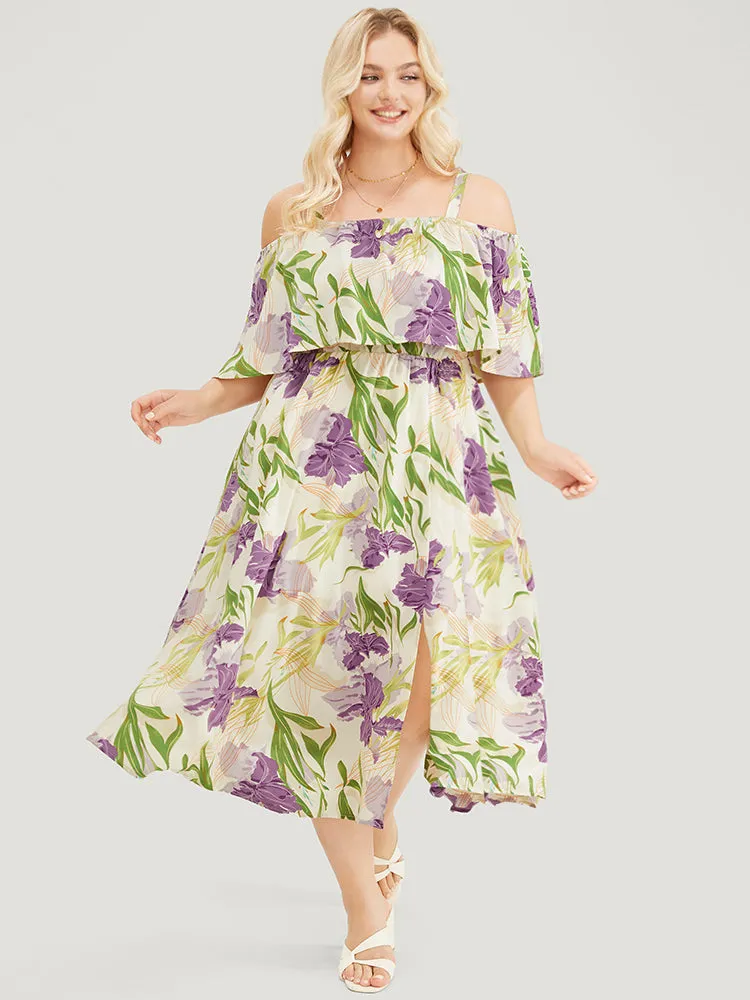 Floral Cold Shoulder Ruffle Trim Adjustable Straps Pocket Split Dress sold by Bloomchic product image thumbnail 2