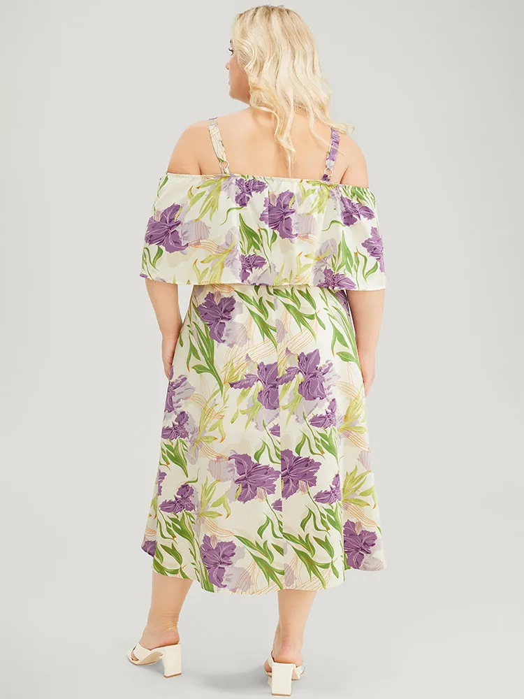 Floral Cold Shoulder Ruffle Trim Adjustable Straps Pocket Split Dress sold by Bloomchic product image thumbnail 5