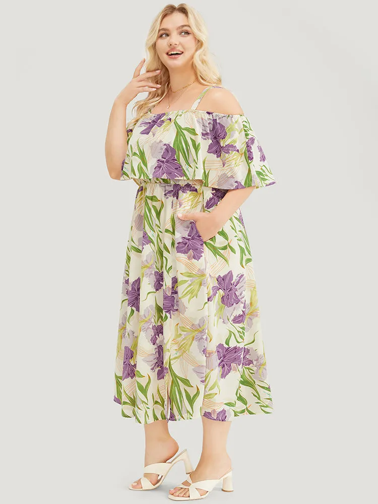 Floral Cold Shoulder Ruffle Trim Adjustable Straps Pocket Split Dress sold by Bloomchic product image thumbnail 4