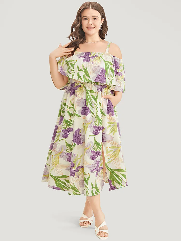 Floral Cold Shoulder Ruffle Trim Adjustable Straps Pocket Split Dress sold by Bloomchic