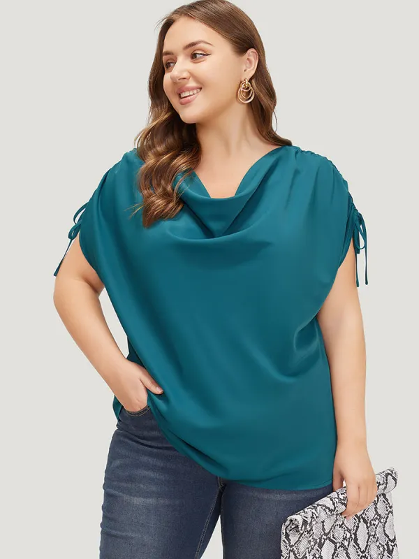 Solid Cowl Neck Drawstring Sleeve Blouse sold by Bloomchic