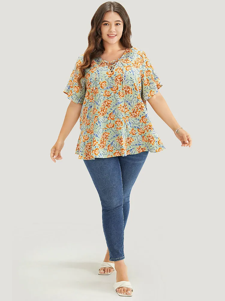 Floral Ruffle Sleeve Lace Up V Neck Blouse sold by Bloomchic product image thumbnail 4