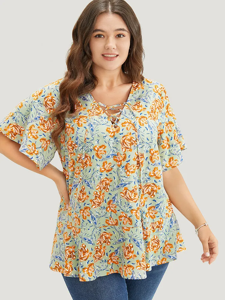 Floral Ruffle Sleeve Lace Up V Neck Blouse sold by Bloomchic product image thumbnail 3