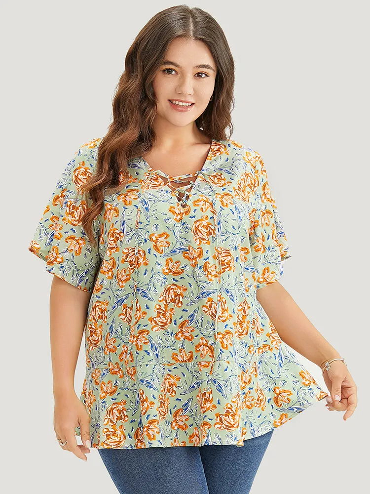 Floral Ruffle Sleeve Lace Up V Neck Blouse sold by Bloomchic product image thumbnail 2