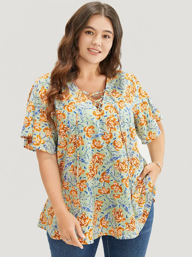 Floral Ruffle Sleeve Lace Up V Neck Blouse sold by Bloomchic