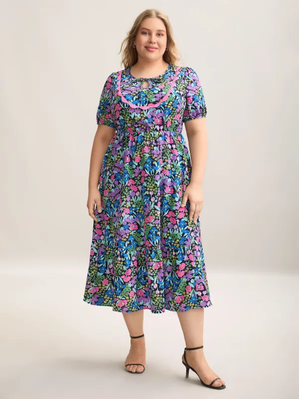 Floral Contrast Webbing Neck Tie Midi Dress sold by Bloomchic