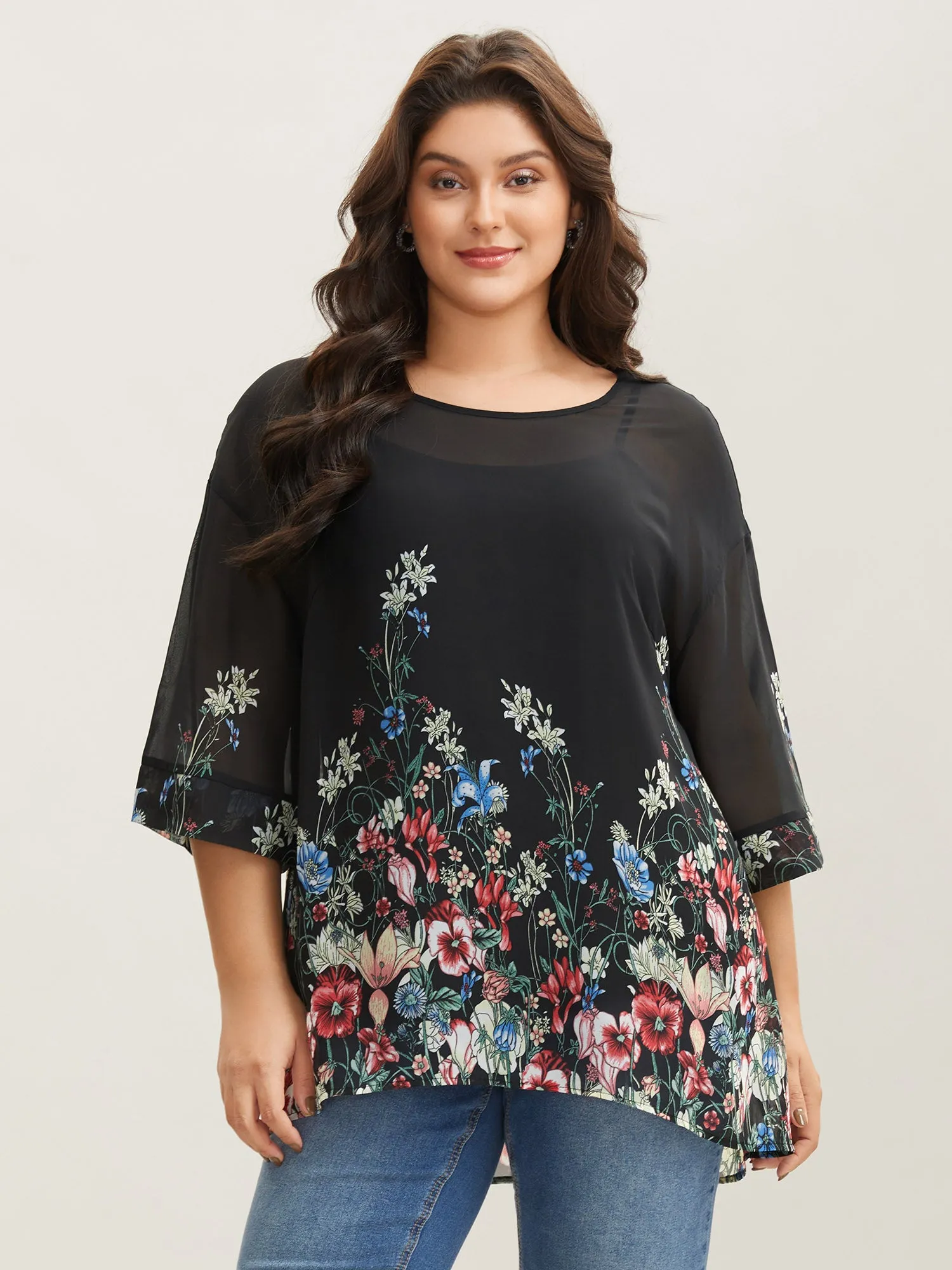 Floral Print Sheer Round Neck Blouse sold by Bloomchic