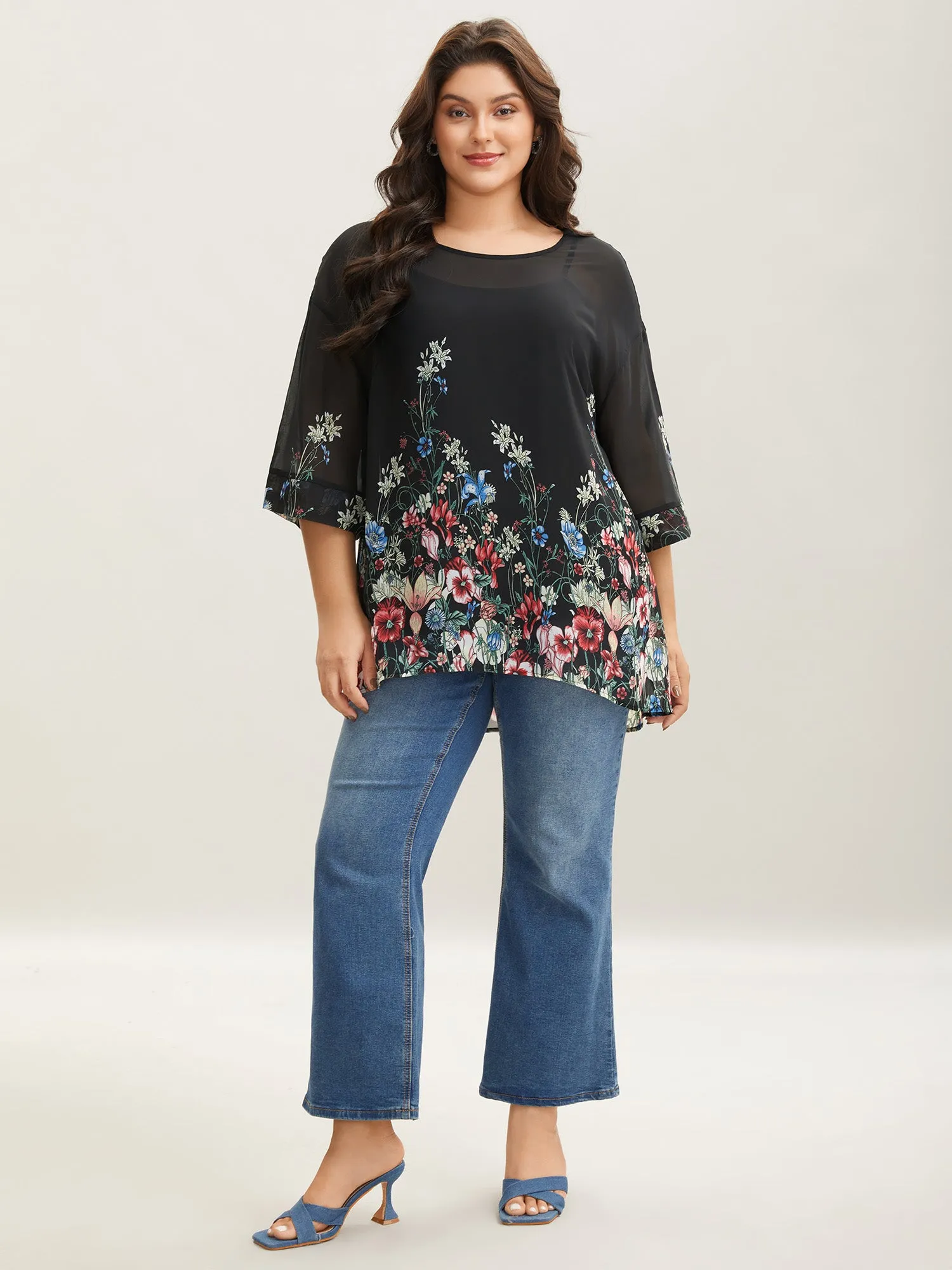 Floral Print Sheer Round Neck Blouse sold by Bloomchic product image thumbnail 3