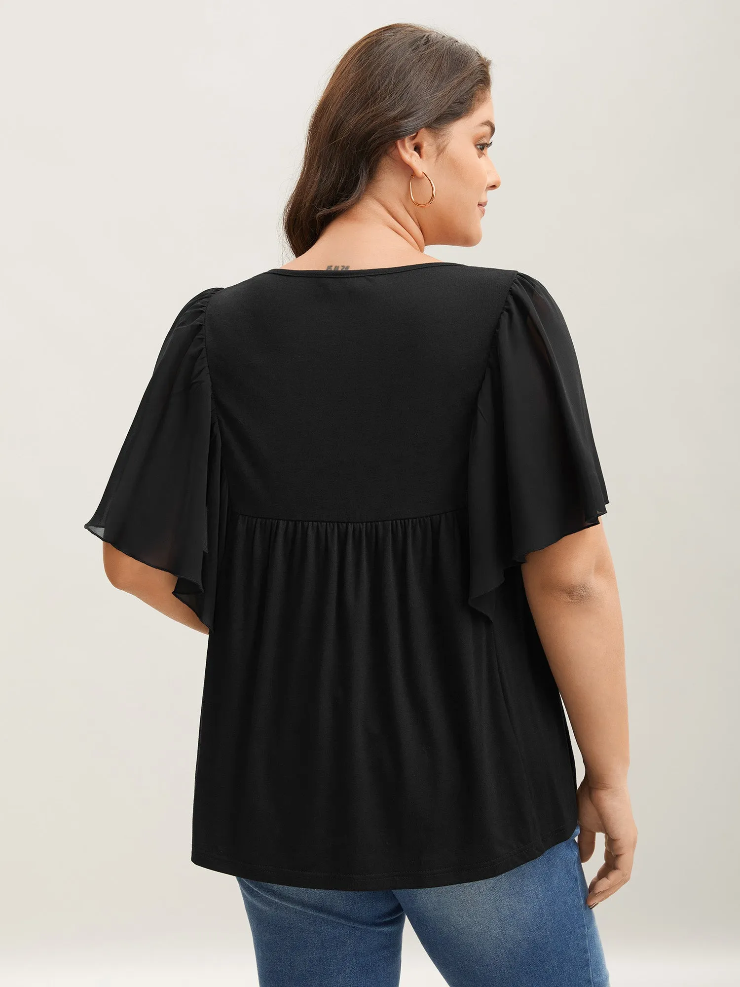 Ruffle Sheer Sleeve Pleated Plain Top sold by Bloomchic product image thumbnail 4