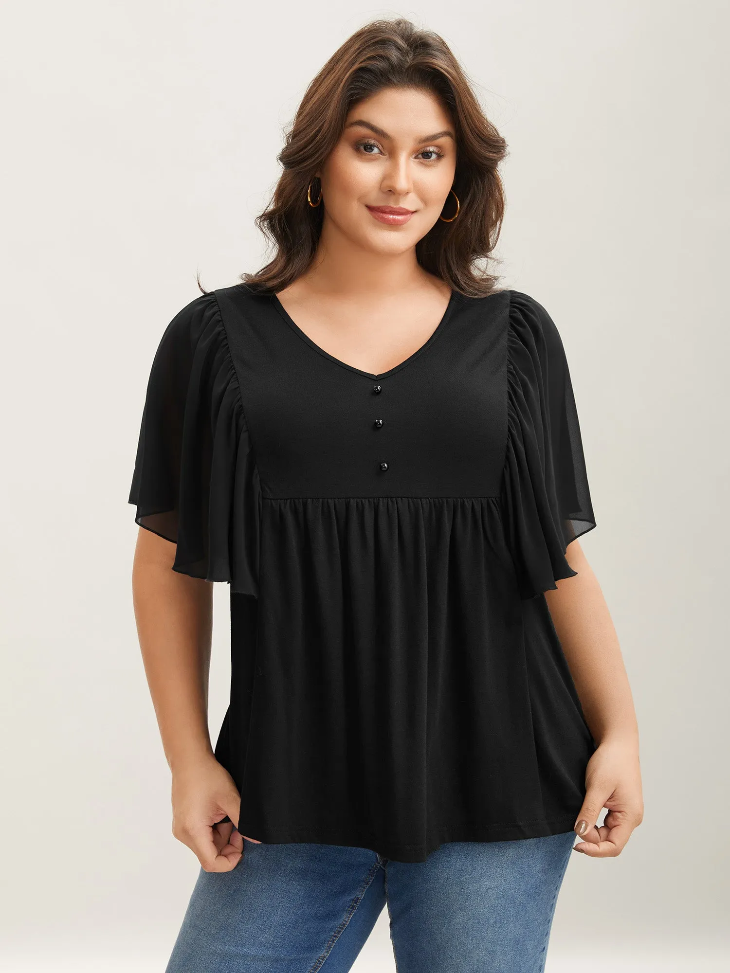 Ruffle Sheer Sleeve Pleated Plain Top sold by Bloomchic