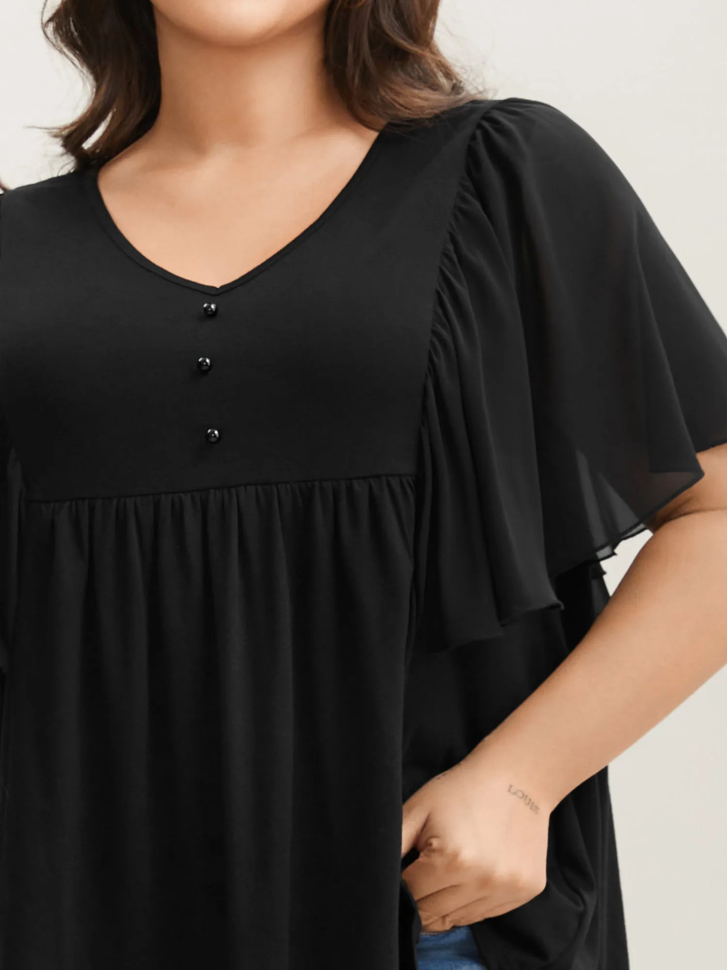 Ruffle Sheer Sleeve Pleated Plain Top sold by Bloomchic product image thumbnail 2
